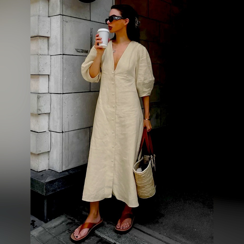 Classic V-Neck Button-Front Cream Midi Dress